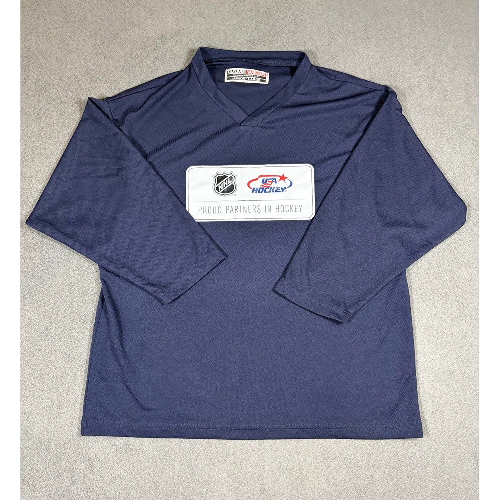 GameWear NHL USA Hockey Jersey Youth Large Navy Blue V-Neck Long Sleeve NHL Logo